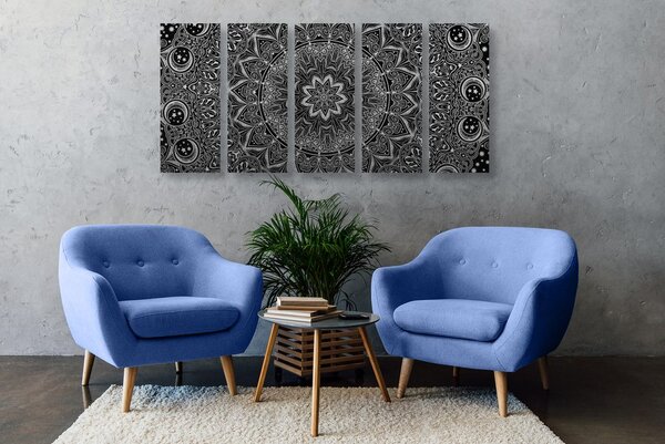 Tablou 5-piese Mandala orientală în design alb-negru