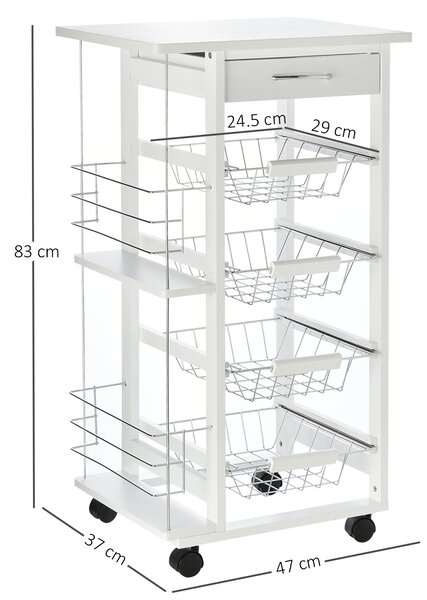 HOMCOM Cărucior de Bucătărie Alb, Dulap Depozitare, 1 Sertar, 2 Etajere, 4 Coșuri Detașabile, 47x37x83cm | Aosom Romania