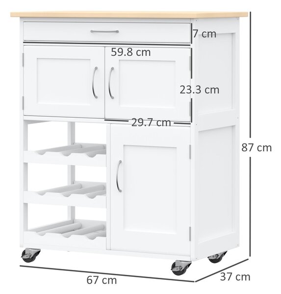 HOMCOM Cărucior Bucătărie cu Suport Sticle, Lemn de Cauciuc și MDF, 67x37x87cm, Design Elegant, Alb | Aosom Romania