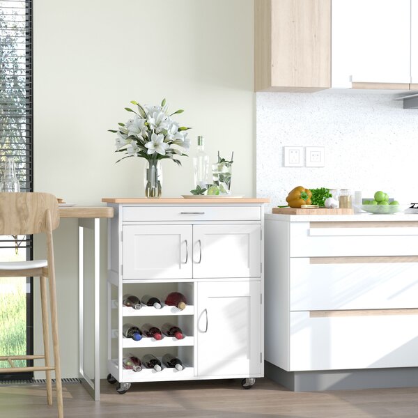 HOMCOM Cărucior Bucătărie cu Suport Sticle, Lemn de Cauciuc și MDF, 67x37x87cm, Design Elegant, Alb | Aosom Romania