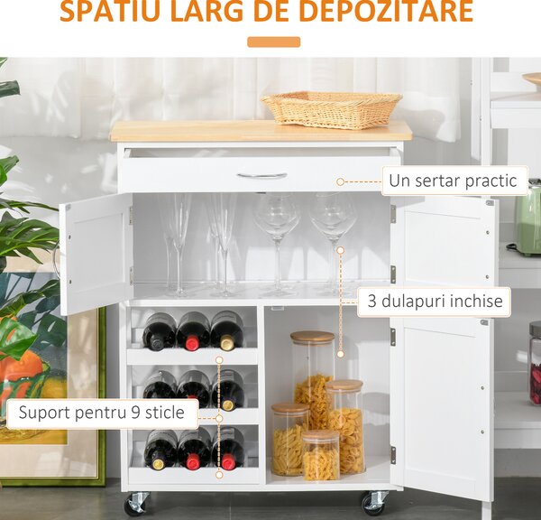 HOMCOM Cărucior Bucătărie cu Suport Sticle, Lemn de Cauciuc și MDF, 67x37x87cm, Design Elegant, Alb | Aosom Romania