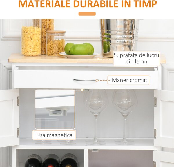 HOMCOM Cărucior Bucătărie cu Suport Sticle, Lemn de Cauciuc și MDF, 67x37x87cm, Design Elegant, Alb | Aosom Romania