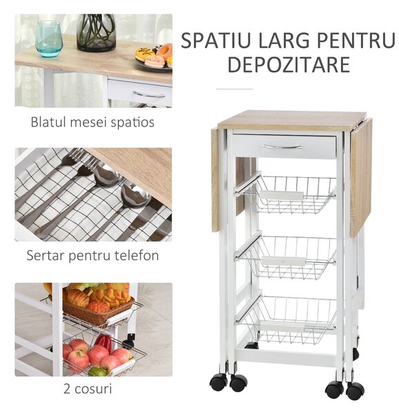 HOMCOM Cărucior de Bucătărie Extensibil Alb, 3 Sertare, MDF/Metal, Soluție Organizare Bucătărie, 37x37x77.5 cm | Aosom Romania