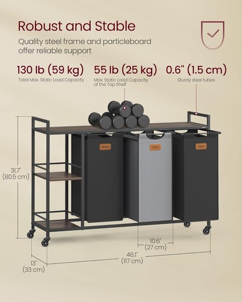 Cos de rufe Vasagle Negru 150 L, 117 x 33 x 80.5 cm