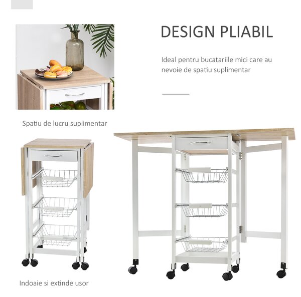 HOMCOM Cărucior de Bucătărie Extensibil Alb, 3 Sertare, MDF/Metal, Soluție Organizare Bucătărie, 37x37x77.5 cm | Aosom Romania