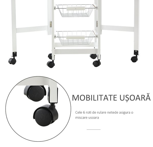 HOMCOM Cărucior de Bucătărie Extensibil Alb, 3 Sertare, MDF/Metal, Soluție Organizare Bucătărie, 37x37x77.5 cm | Aosom Romania