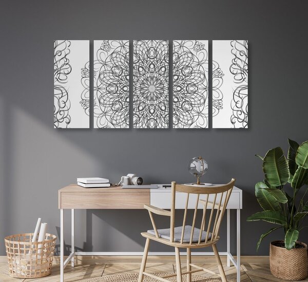 Tablou 5-piese Mandala florală abstractă în design alb-negru