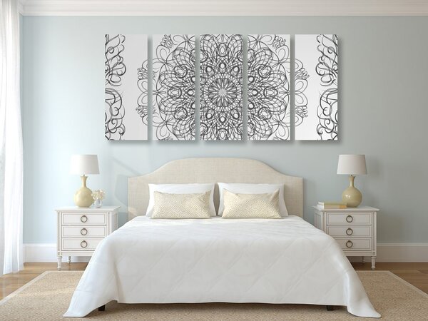 Tablou 5-piese Mandala florală abstractă în design alb-negru