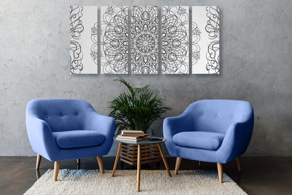 Tablou 5-piese Mandala florală abstractă în design alb-negru