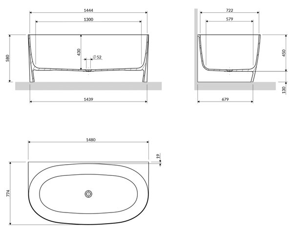 Cada freestanding, Omnires VALENCIA M+, 148 x 77 cm, alb lucios