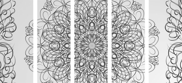 Tablou 5-piese Mandala florală abstractă în design alb-negru