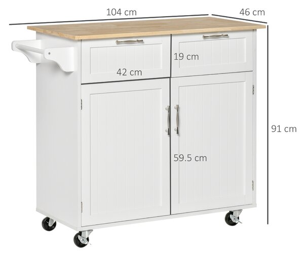 HOMCOM Cărucior Bucătărie Multifuncțional cu 2 Sertare, Dulap și 4 Roți, Spațiu Depozitare Generos, 104x46x91cm, Alb | Aosom Romania