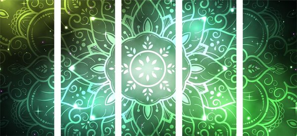 Tablou 5-piese Mandala cu un fundal galactic în nuanțe de verde