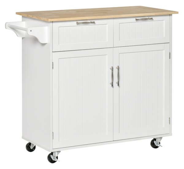 HOMCOM Cărucior Bucătărie Multifuncțional cu 2 Sertare, Dulap și 4 Roți, Spațiu Depozitare Generos, 104x46x91cm, Alb | Aosom Romania