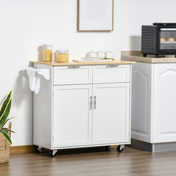 HOMCOM Cărucior Bucătărie Multifuncțional cu 2 Sertare, Dulap și 4 Roți, Spațiu Depozitare Generos, 104x46x91cm, Alb | Aosom Romania