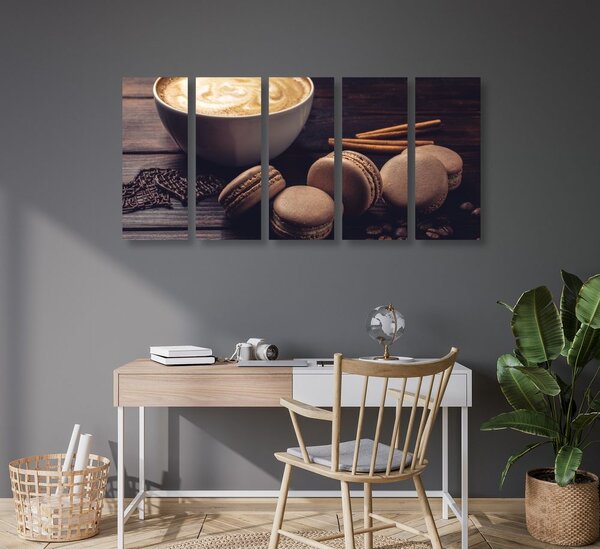 Tablou 5-piese cafea cu macarons de ciocolată