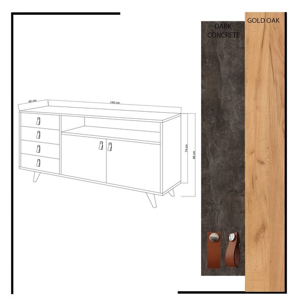 Comoda Pagina, stejar/gri ciment inchis, PAL melaminat, 140x40x86 cm