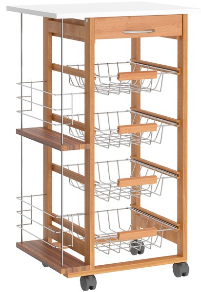 HOMCOM Cărucior de Bucătărie din Lemn Maro, Suport Alimente, 1 Sertar, 4 Coșuri Metalice, MDF, Lemn de Pin, Metal, 47x37x83cm | Aosom Romania