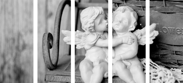 Tablou 5-piese statuete de îngerași pe bancă în design alb-negru