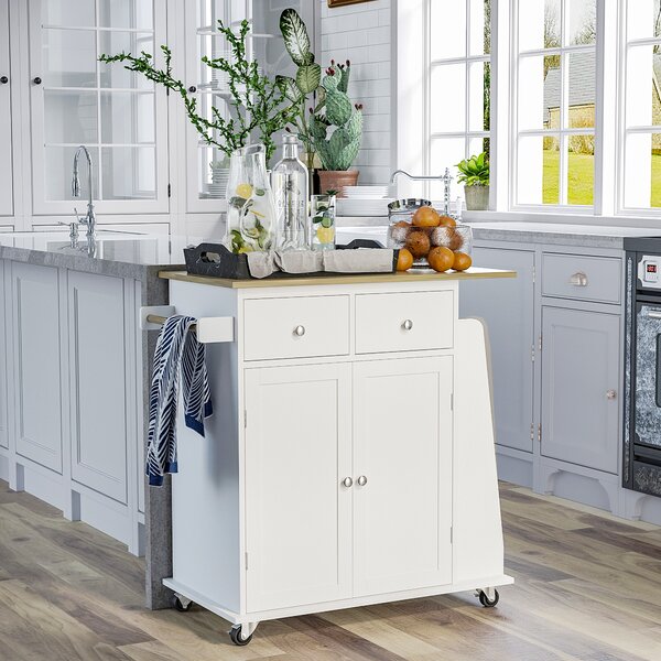 HOMCOM Cărucior Bucătărie cu 3 Niveluri, 2 Sertare Culisante, 4 Roți, Raft Reglabil, Design Modern, Alb și Lemn Natural, 89x45x89cm | Aosom Romania