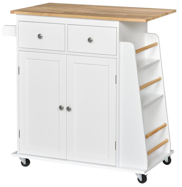 HOMCOM Cărucior Bucătărie cu 3 Niveluri, 2 Sertare Culisante, 4 Roți, Raft Reglabil, Design Modern, Alb și Lemn Natural, 89x45x89cm | Aosom Romania