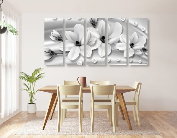 Tablou 5-piese magnolie de lux cu perle în design alb-negru