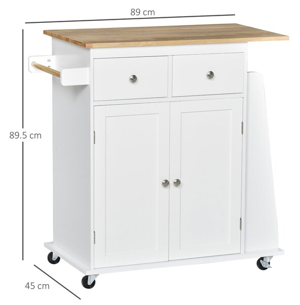HOMCOM Cărucior Bucătărie cu 3 Niveluri, 2 Sertare Culisante, 4 Roți, Raft Reglabil, Design Modern, Alb și Lemn Natural, 89x45x89cm | Aosom Romania