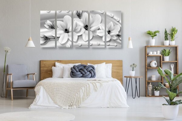 Tablou 5-piese magnolie de lux cu perle în design alb-negru