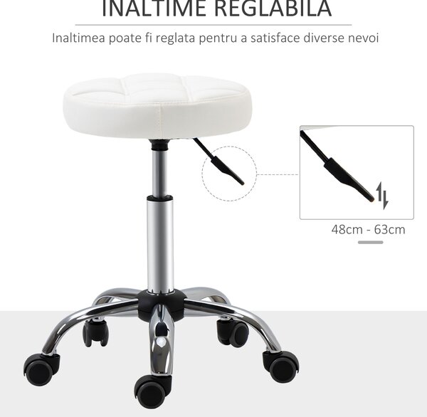 HOMCOM Scaun Rotativ cu Roti, Rotund, Scaun pentru Coafor și Estetician cu Înălțime Ajustabilă, Tapițat în Piele Ecologică, Ø35.5x51-67 cm, Alb