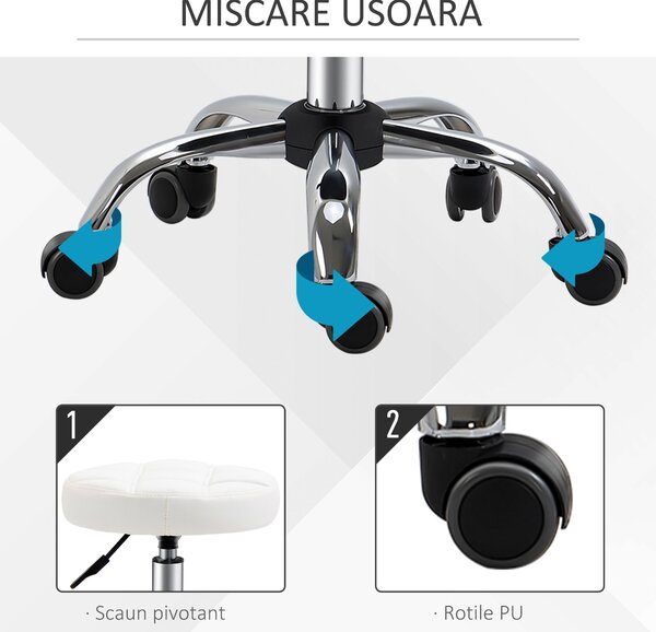 HOMCOM Scaun Rotativ cu Roti, Rotund, Scaun pentru Coafor și Estetician cu Înălțime Ajustabilă, Tapițat în Piele Ecologică, Ø35.5x51-67 cm, Alb