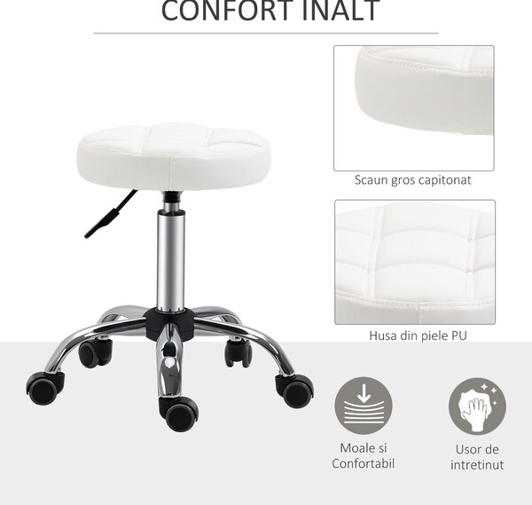 HOMCOM Scaun Rotativ cu Roti, Rotund, Scaun pentru Coafor și Estetician cu Înălțime Ajustabilă, Tapițat în Piele Ecologică, Ø35.5x51-67 cm, Alb