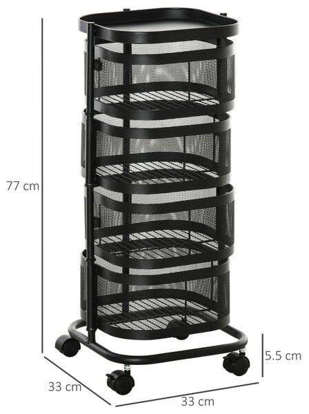 Carucior utilitar rulant cu cosuri metalice rotative, 4 niveluri de depozitare, otel si plastic PP, Negru 33x33x77cm HOMCOM | Aosom Romania