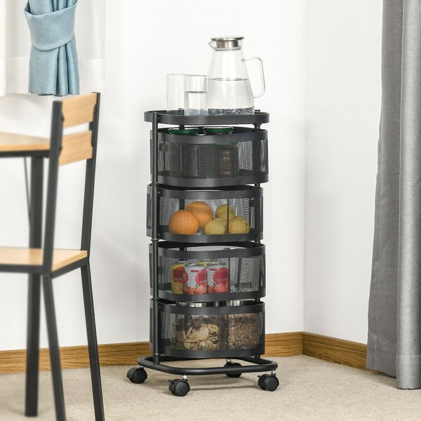 Carucior utilitar rulant cu cosuri metalice rotative, 4 niveluri de depozitare, otel si plastic PP, Negru 33x33x77cm HOMCOM | Aosom Romania