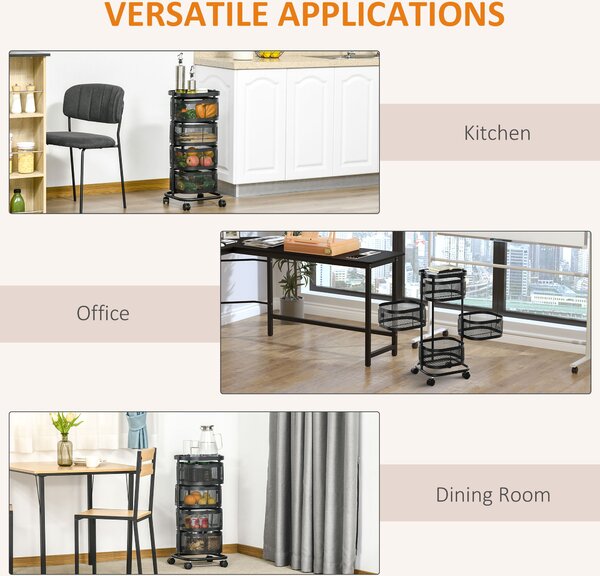 Carucior utilitar rulant cu cosuri metalice rotative, 4 niveluri de depozitare, otel si plastic PP, Negru 33x33x77cm HOMCOM | Aosom Romania