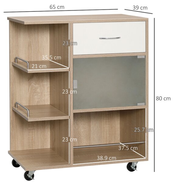 HOMCOM Cărucior Bucătărie Modern 3 Niveluri, Ușă Sticlă, Roți, Rafturi Deschise, Sistem Anti-Cădere, 65x39x80cm, Natural-Alb | Aosom Romania