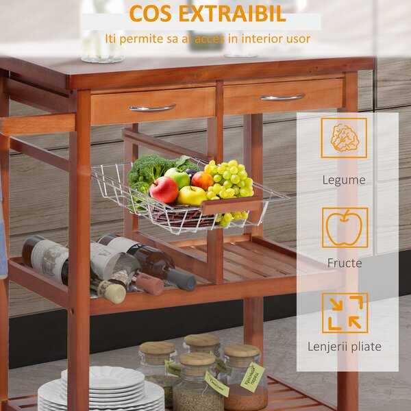 HOMCOM Cărucior de Bucătărie Multifuncțional cu 2 Sertare și 2 Coșuri, 4 Roți (2 cu Frâne), Lemn și Bambus, 81x38x85.5cm | Aosom Romania
