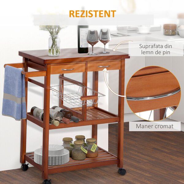 HOMCOM Cărucior de Bucătărie Multifuncțional cu 2 Sertare și 2 Coșuri, 4 Roți (2 cu Frâne), Lemn și Bambus, 81x38x85.5cm | Aosom Romania