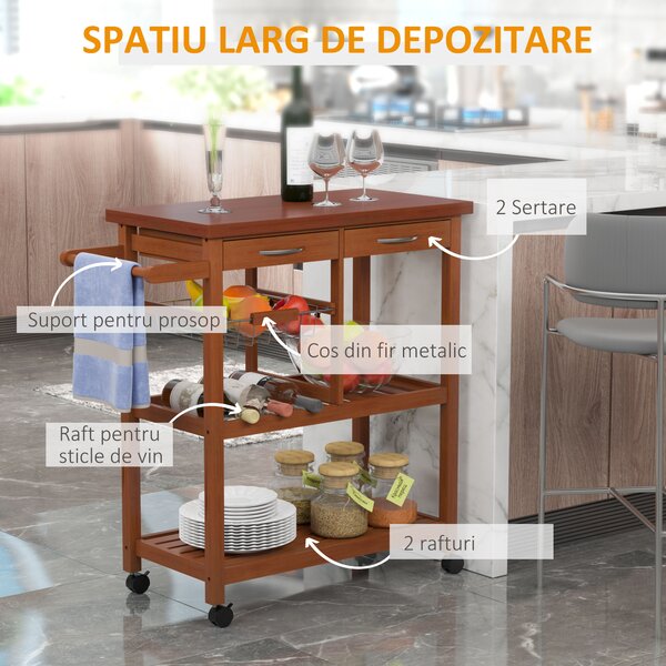 HOMCOM Cărucior de Bucătărie Multifuncțional cu 2 Sertare și 2 Coșuri, 4 Roți (2 cu Frâne), Lemn și Bambus, 81x38x85.5cm | Aosom Romania