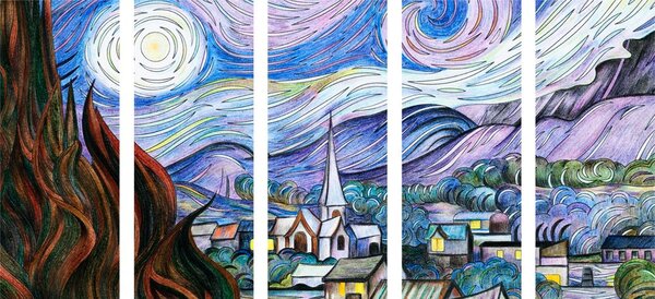 Tablou 5-piese reproducere Noapte înstelată - Vincent van Gogh
