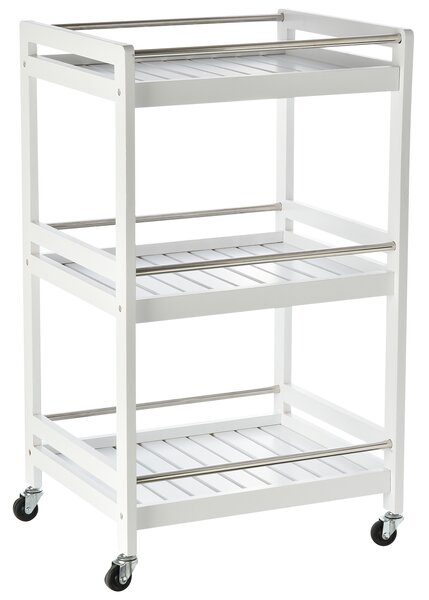 HOMCOM Cărucior de Bucătărie Alb, Lemn și Oțel Inox, 3 Etajere, 4 Roți, Design Modern și Funcțional | Aosom Romania
