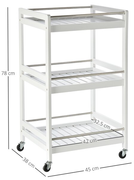 HOMCOM Cărucior de Bucătărie Alb, Lemn și Oțel Inox, 3 Etajere, 4 Roți, Design Modern și Funcțional | Aosom Romania