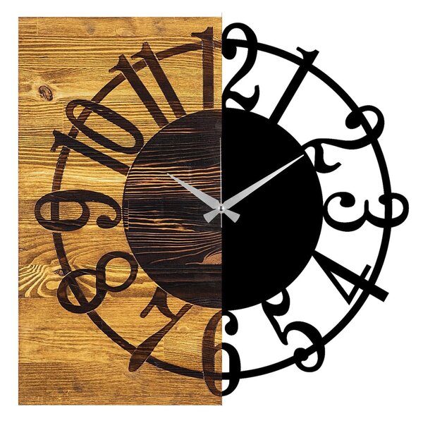 Ceas de perete Wooden Clock 1, nuc/negru, lemn/metal, 58x58x3 cm