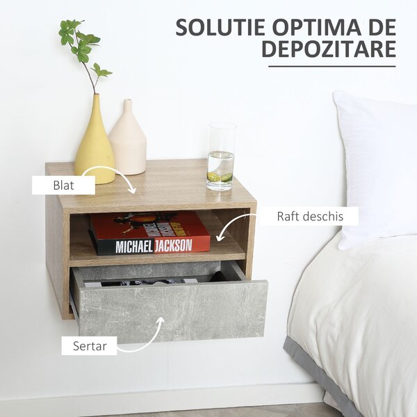 HOMCOM Set de 2 Noptiere Suspendate din Lemn cu Sertar și Raft Deschis, Design Modern, Gri și Lemn, Dimensiuni 45x35x27.5cm | Aosom Romania