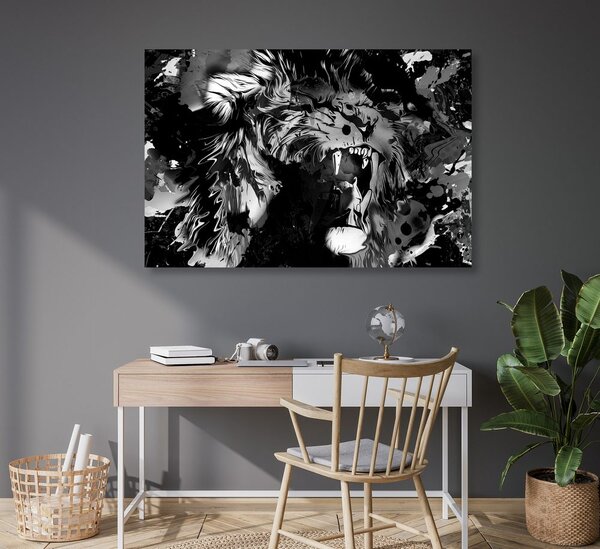 Tablou capul de leu colorat în design alb-negru