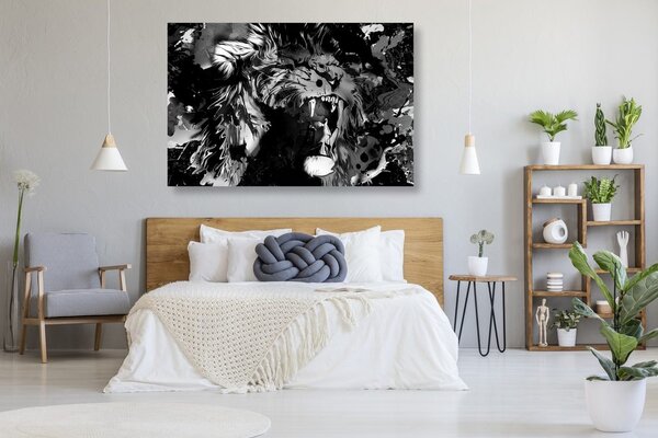 Tablou capul de leu colorat în design alb-negru