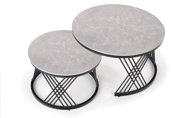 Set 2 masute cafea FLAMINGO, gri cu efect de marmura/negru, ceramica/m