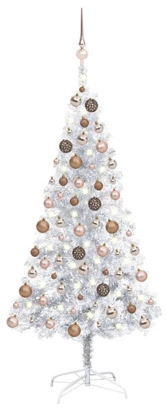 Brad Crăciun pre-iluminat cu set globuri, argintiu, 150 cm, PET