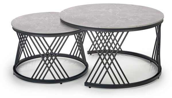 Set 2 masute cafea FLAMINGO, gri cu efect de marmura/negru, ceramica/m