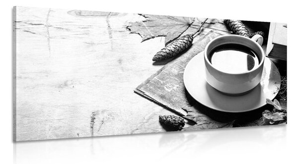 Tablou o cană de cafea cu atingere de toamnă în design alb-negru