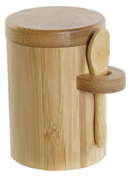Recipient cu lemn si lingurita din bambus 10 cm